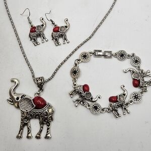 Silver Elephant Jewelry Set with Red Accents
